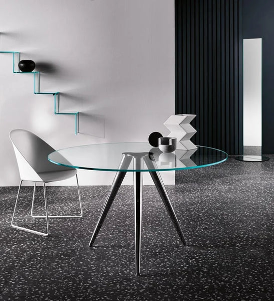 Unity table in chrome and transparent glass
