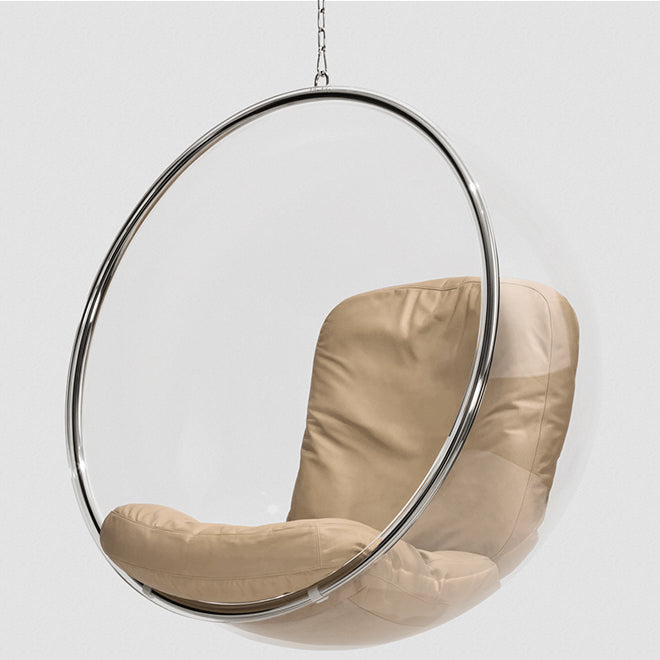 Bubble Chair made in Finland – suspended lounge chair with clear acrylic and natural leather
