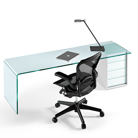 FIAM Rialto L Desk in transparent curved glass with lacquered wood drawer pedestal