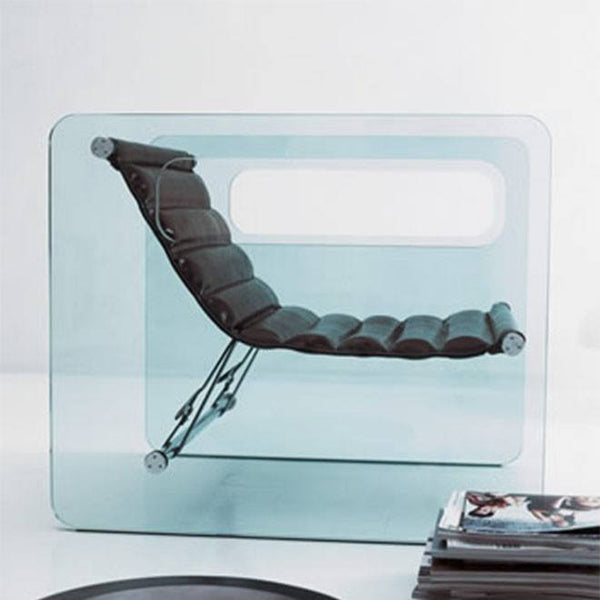 Minimalist glass armchair in extra-clear finish with black leather seat