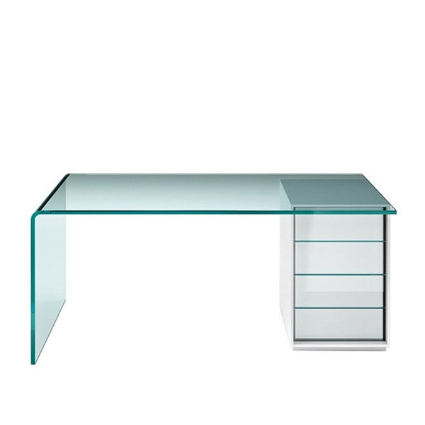 Detail view of the FIAM Rialto L Desk’s 15 mm thick curved glass top and polished edge